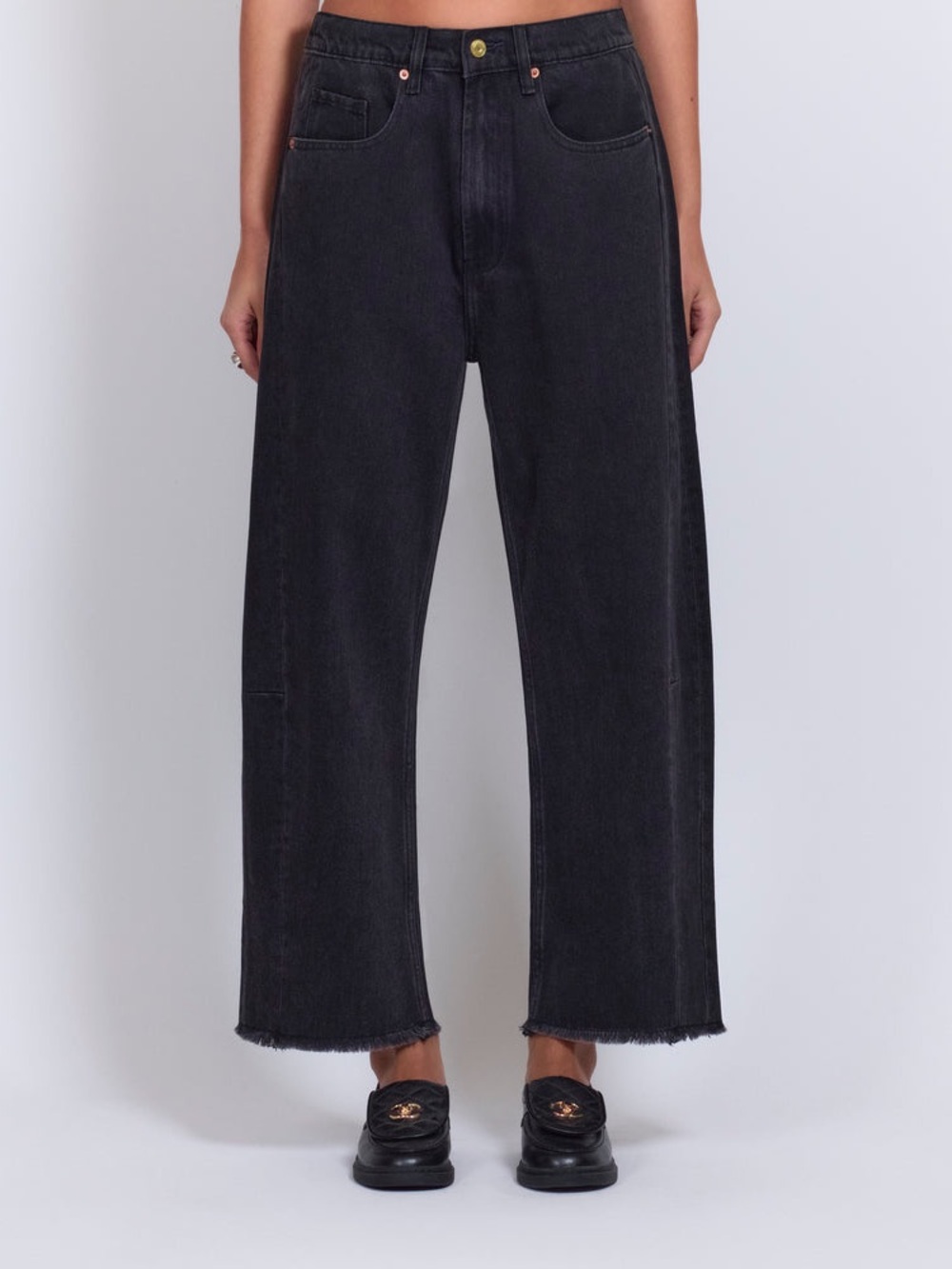 Roucha Designer Architectural Wide Leg Jean Washed Black Distressed Frayed Denim